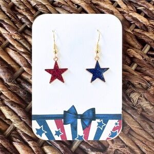 New Handmade Asymmetrical Sparkly Red and Blue Star Dangle Earrings